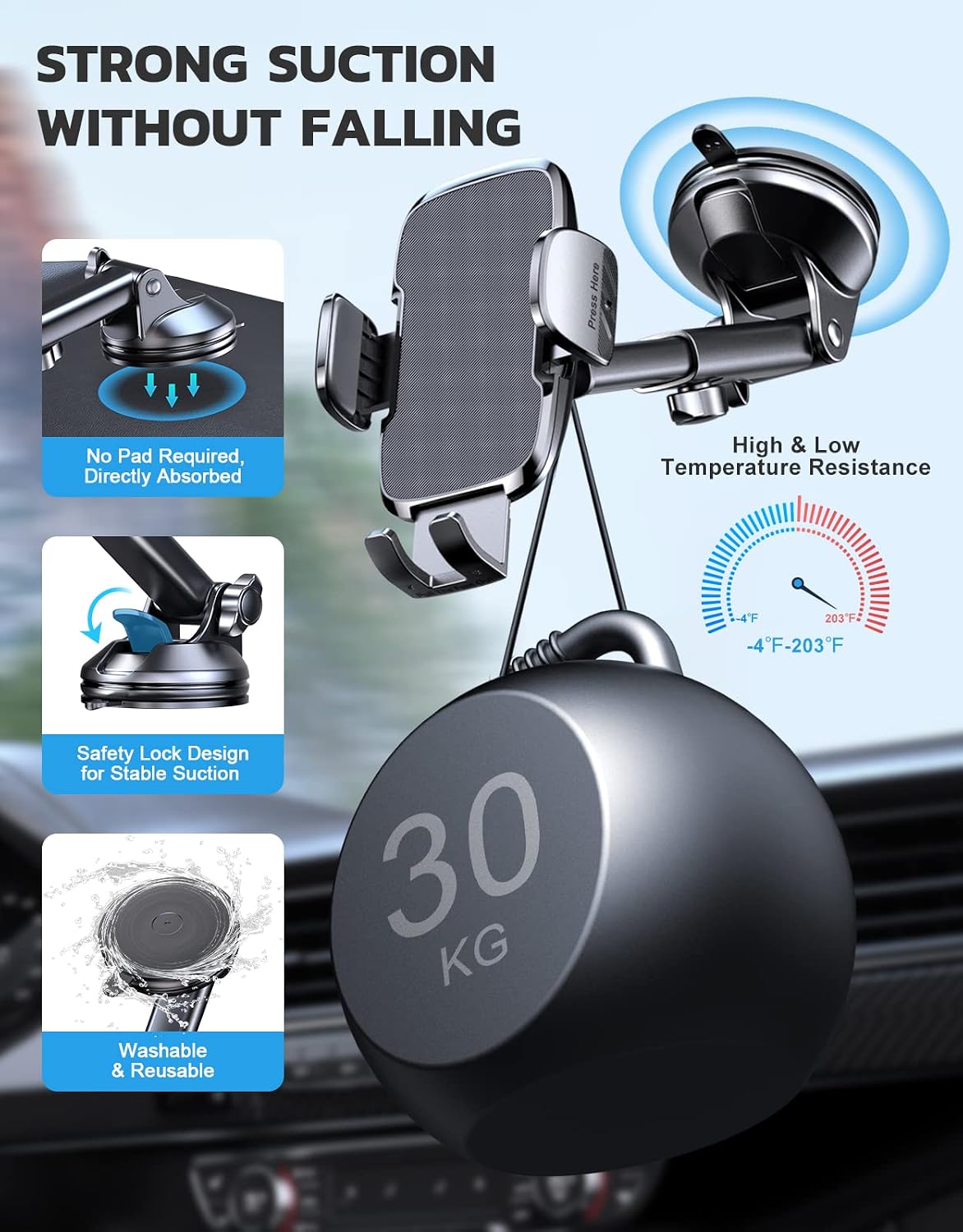 CIRYCASE Car Phone Holder, [Ultra Powerful Suction] Universal Dashboard Phone Holder for Car Kits, Hands-free & Case Friendly, Single Hand Operation GPS Vehicle Mount for Windshield, for 4-7” Phones