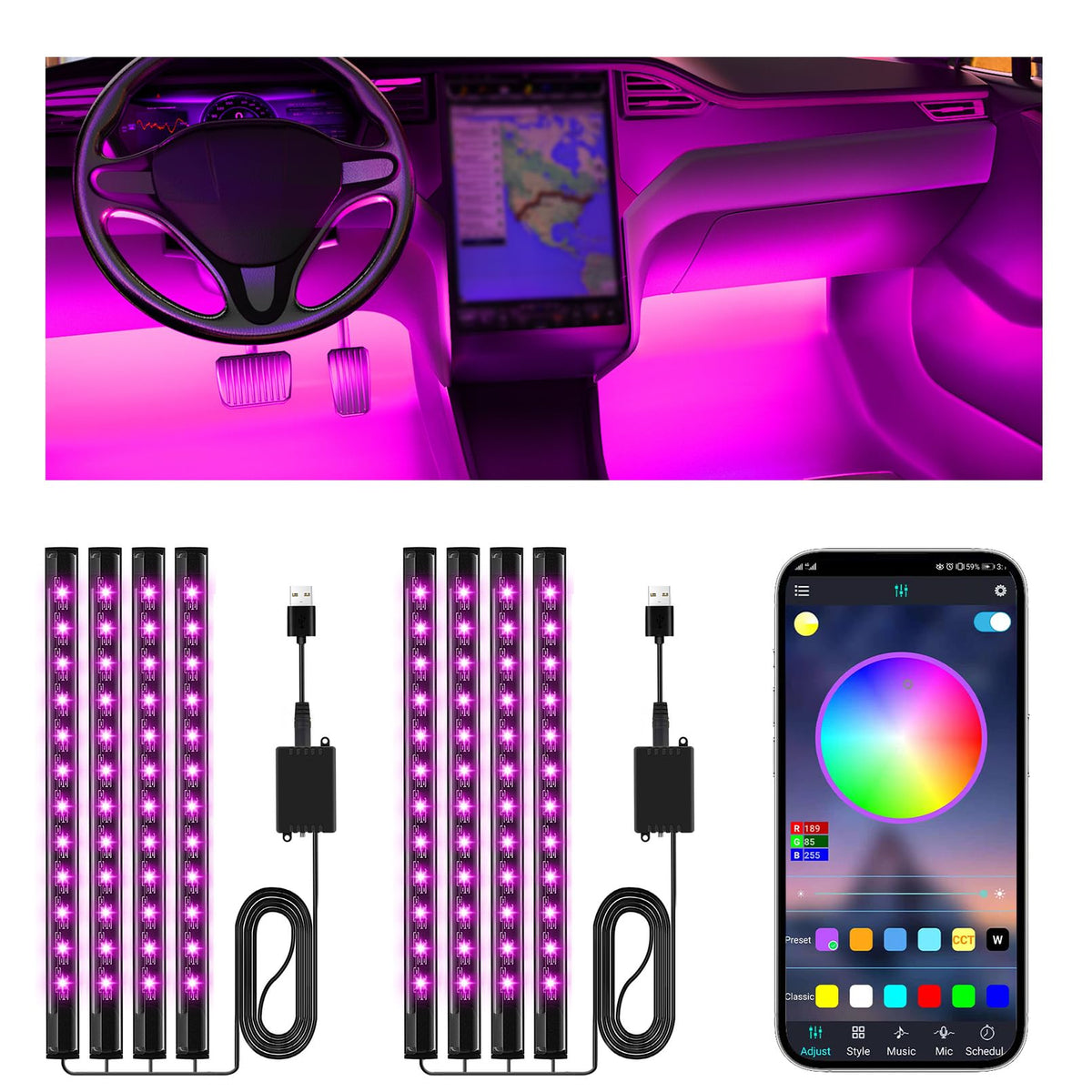 Winzwon LED Interior Lights for Car Accessories for Men Women | Gifts for Men Husband, USB Port APP Control Auto Stuff Lighting Kits Decoration Atmosphere Strip Lights