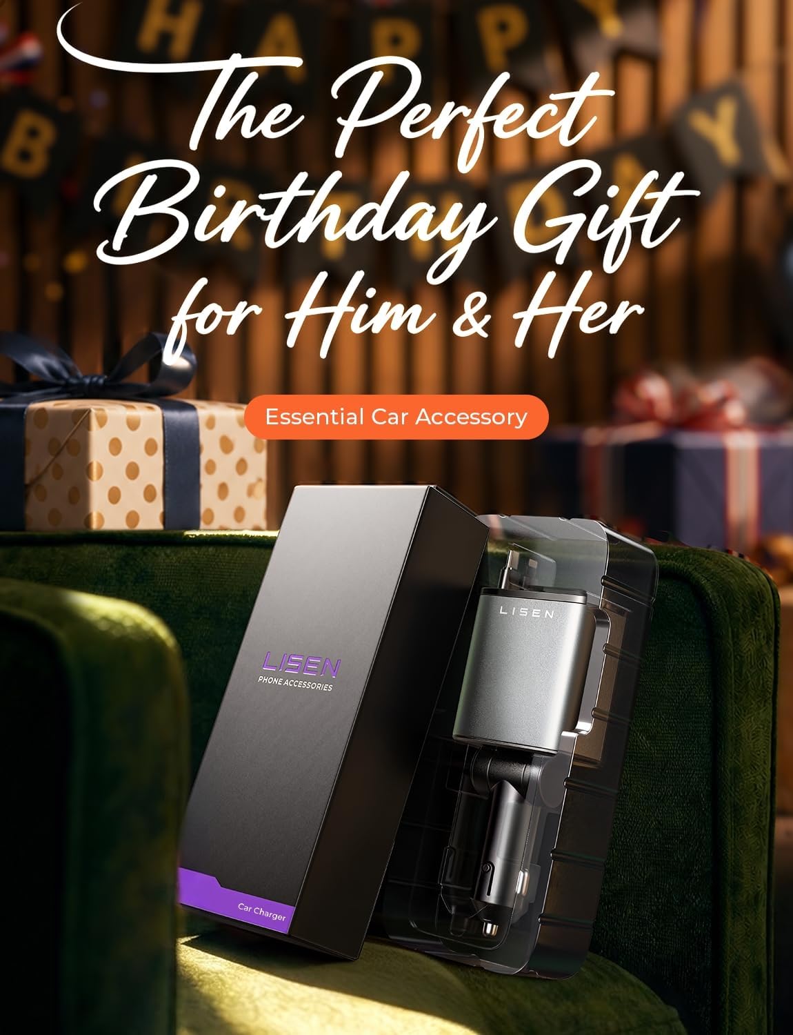 Birthday for Women Men Drivers - LISEN 4 in 1 Car Charger | 84W Retractable 12V USB C Adapter Socket Cigarette Lighter Charger Car Accessories Gadgets for iPhone 17 15 13 Samsung iPad