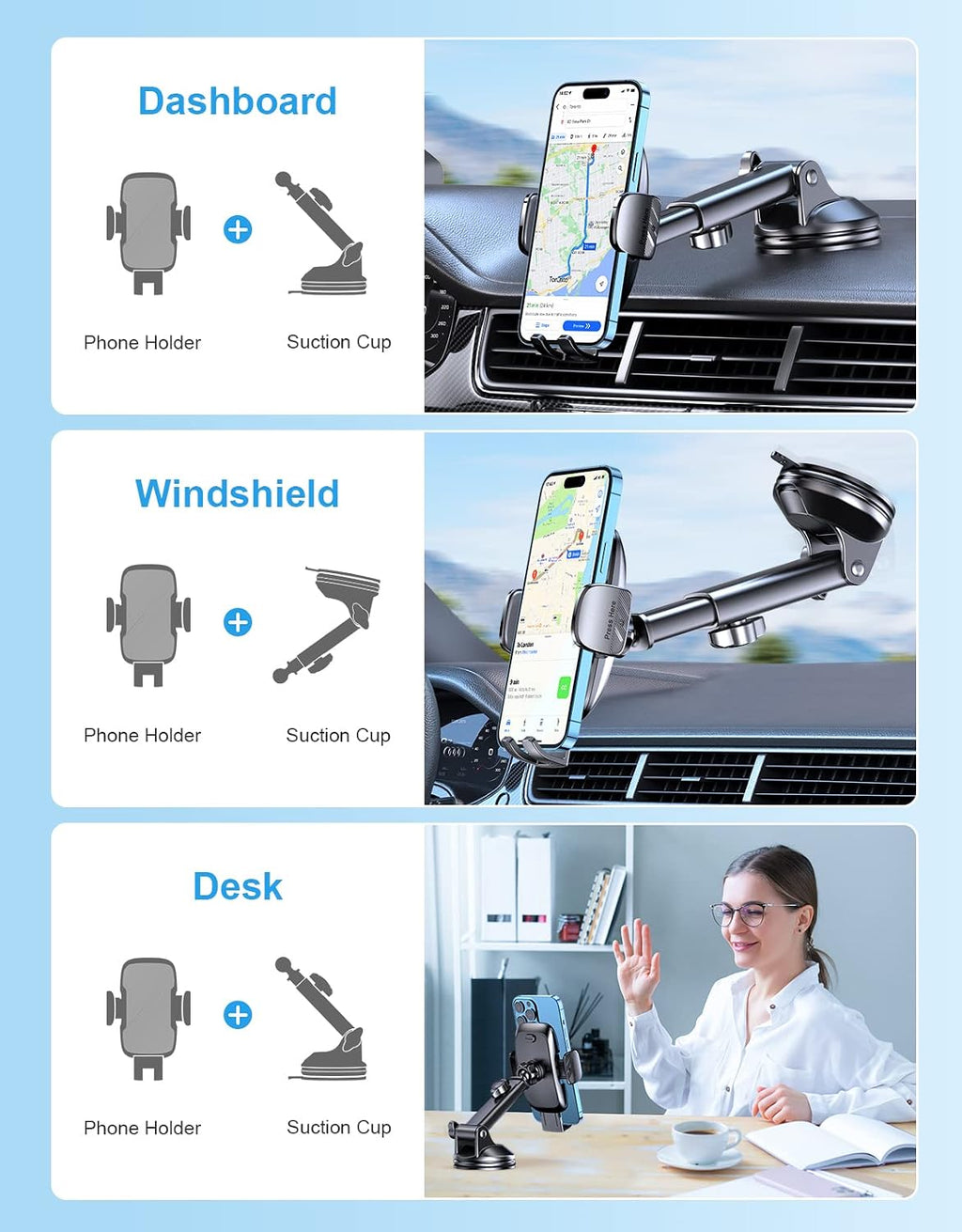CIRYCASE Car Phone Holder, [Ultra Powerful Suction] Universal Dashboard Phone Holder for Car Kits, Hands-free & Case Friendly, Single Hand Operation GPS Vehicle Mount for Windshield, for 4-7” Phones