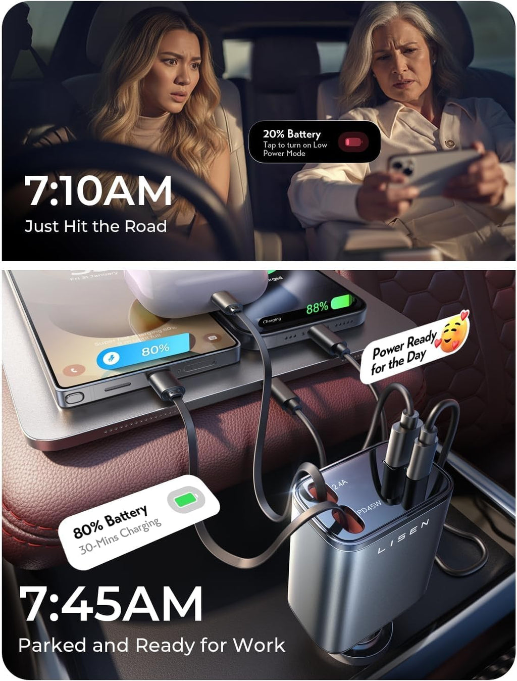 Birthday for Women Men Drivers - LISEN 4 in 1 Car Charger | 84W Retractable 12V USB C Adapter Socket Cigarette Lighter Charger Car Accessories Gadgets for iPhone 17 15 13 Samsung iPad