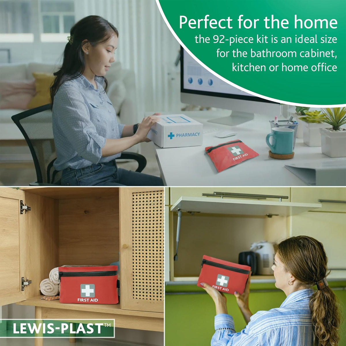 Lewis-Plast Premium 92 Piece First Aid Kit - Safety Essentials for Travel, Car, Home, Camping, Work, Hiking & Holiday Red , Small