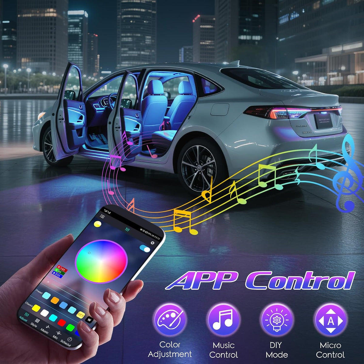 Winzwon LED Interior Lights for Car Accessories for Men Women | Gifts for Men Husband, USB Port APP Control Auto Stuff Lighting Kits Decoration Atmosphere Strip Lights