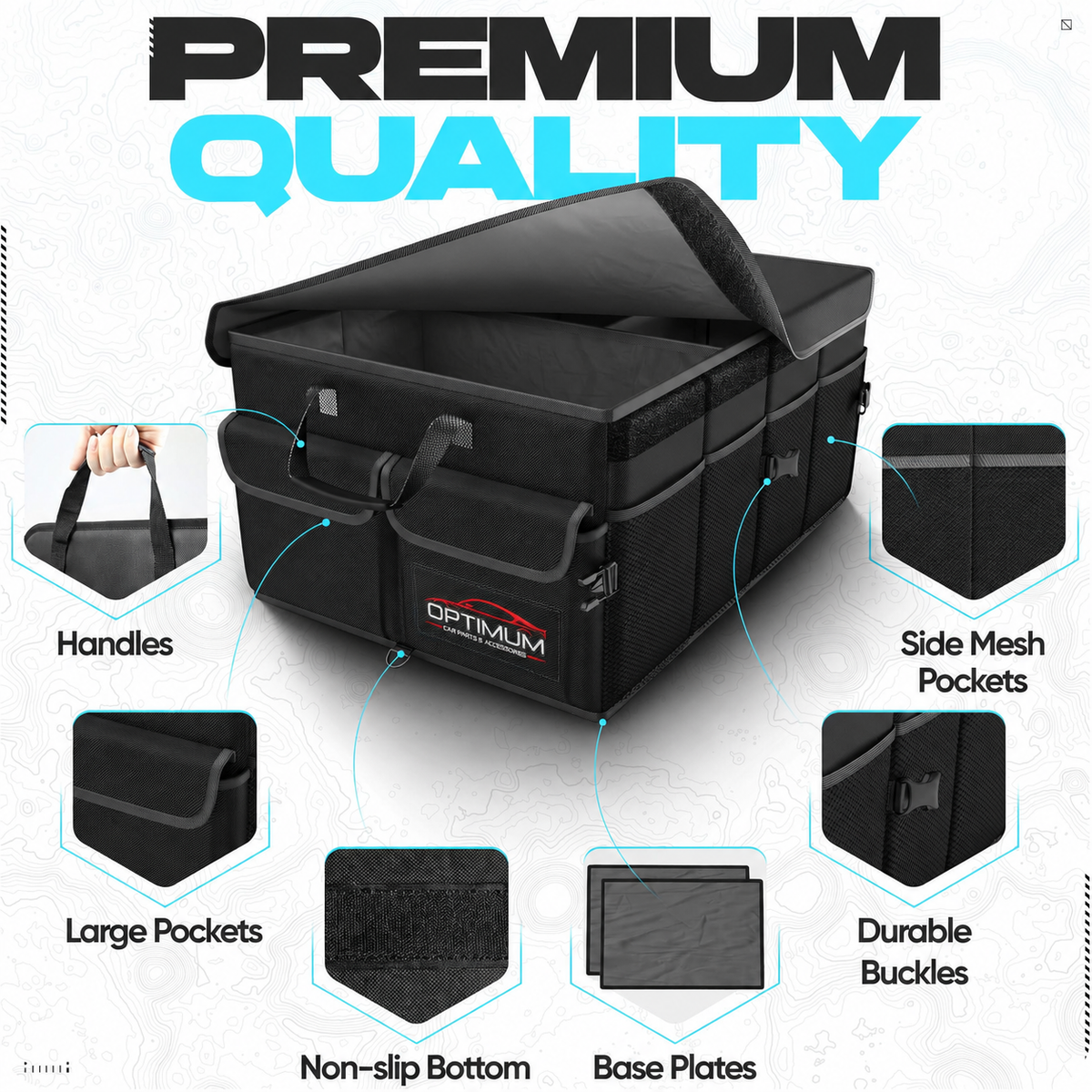 50L Collapsible Car Boot Organiser with Lid, Non-Slip Base & Securing Straps